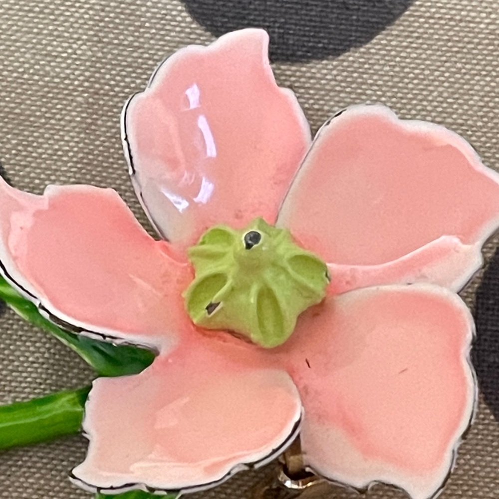 Pink Enamel Flower Brooch with Green Stem - Picture 2 of 5
